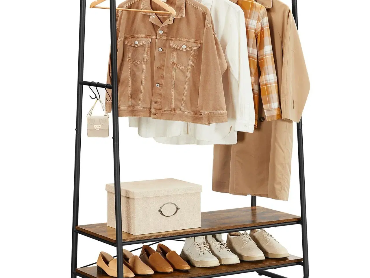 Billede 2 - Tøjstativ kraftig garderobestativ med 2 hylder, 6 S-kroge og stålramme, industrielt look i rustik brun/sort (RGR112B01)