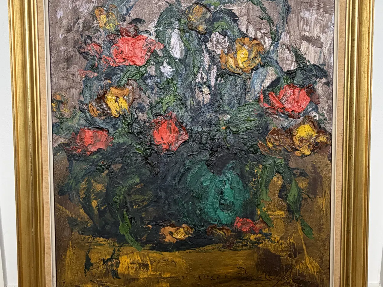 Billede 1 - Blomster maleri i kraftige farver med guldramme