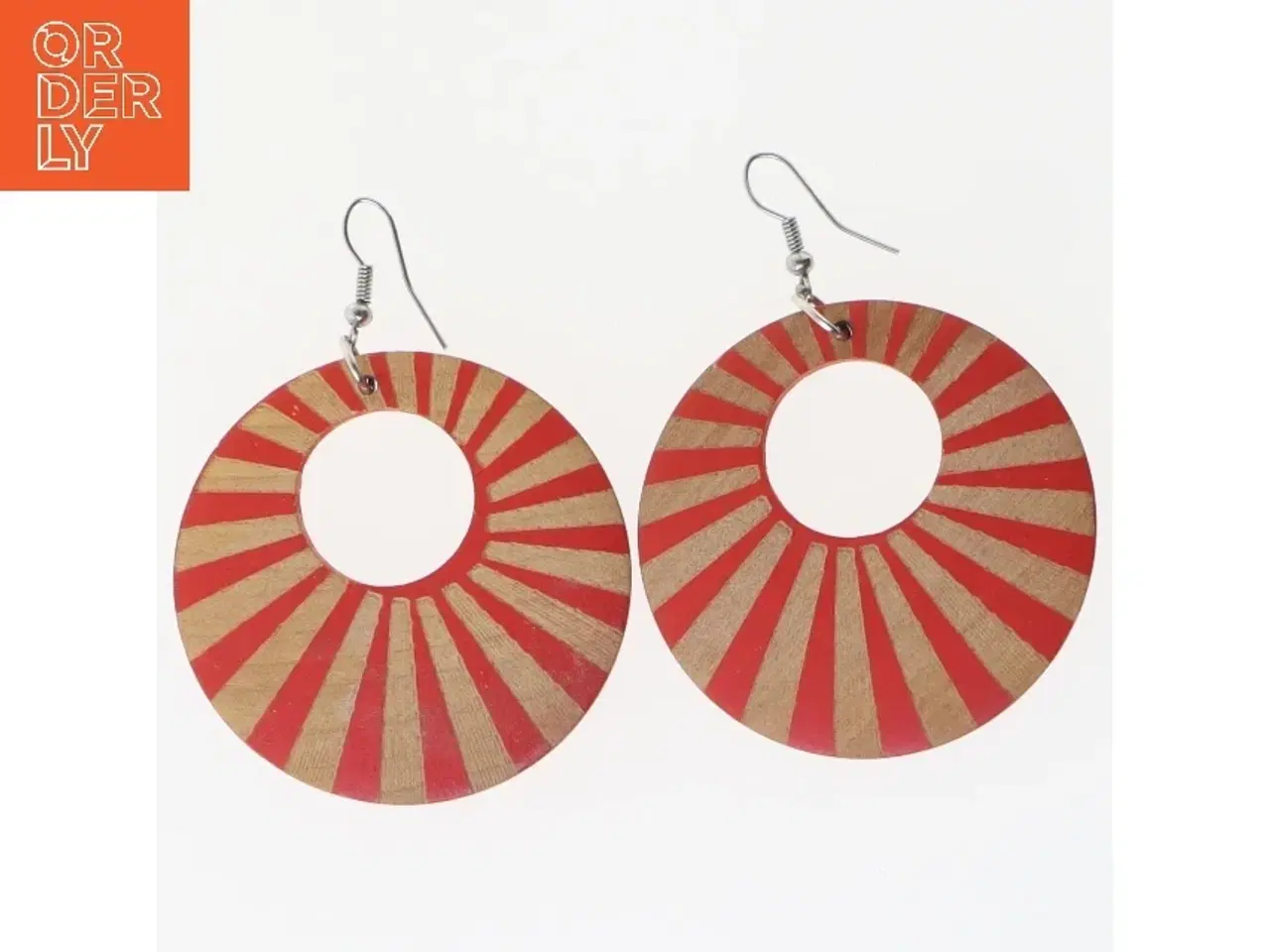 Billede 1 - Runde øreringe med røde striber (str. Ø 5 cm)