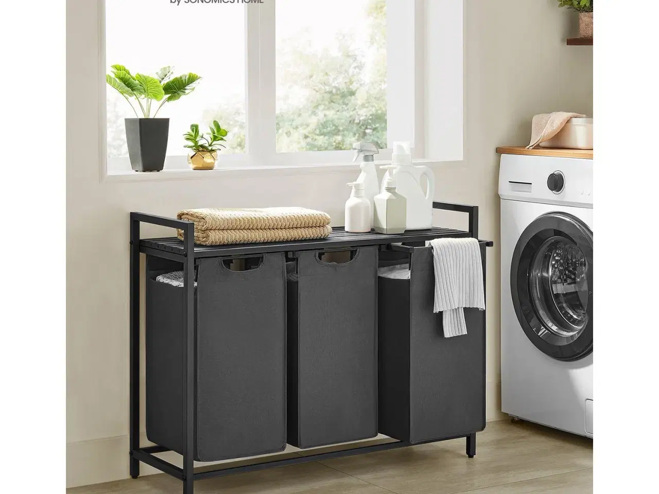 Billede 2 - Vasketøjskurv med 3 rum – VASAGLE, udtrækkelige poser, hylde, metalstel, 3 x 38 l, 92,5 × 33 × 72 cm, sort/grå