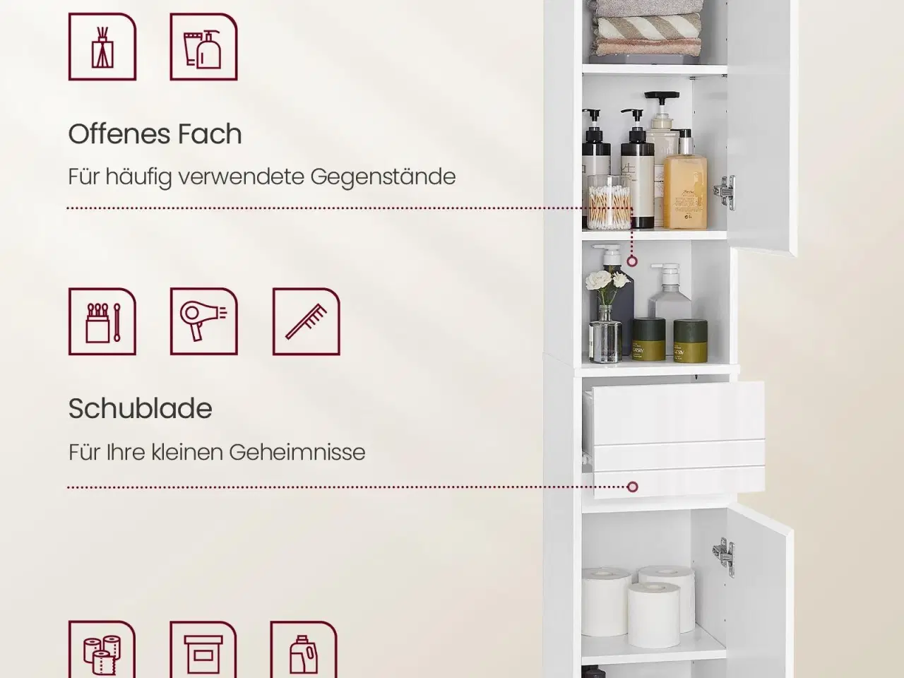 Billede 3 - Højt smalt badeværelsesskab – SONGMICS VASAGLE, 30 × 30 × 170 cm, hvid, med skuffe og justerbare hylder