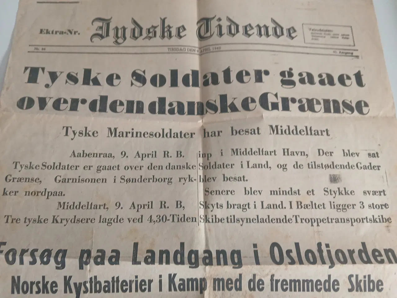 Billede 1 - Jydske Tidende 9 april 1940