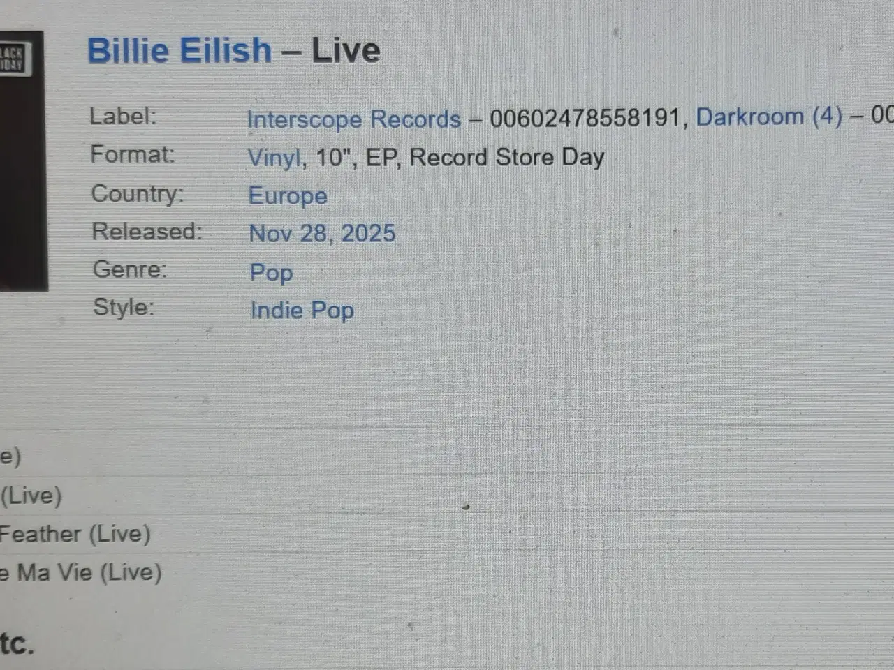 Billede 4 - Billie Eilish ... RSD .. BLACK FRIDAY live