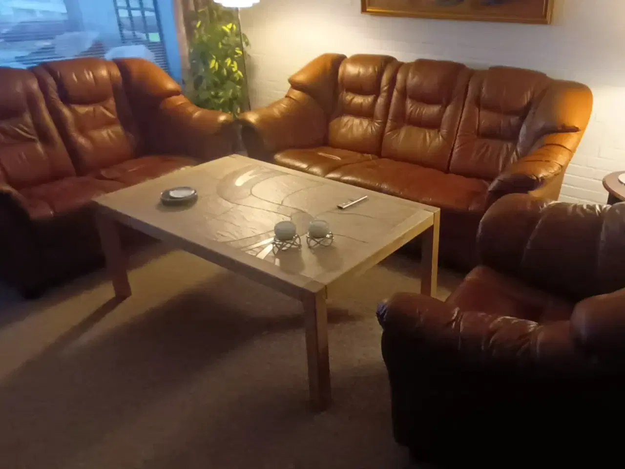 Billede 1 - 3-2-1 sofasæt i brun læder