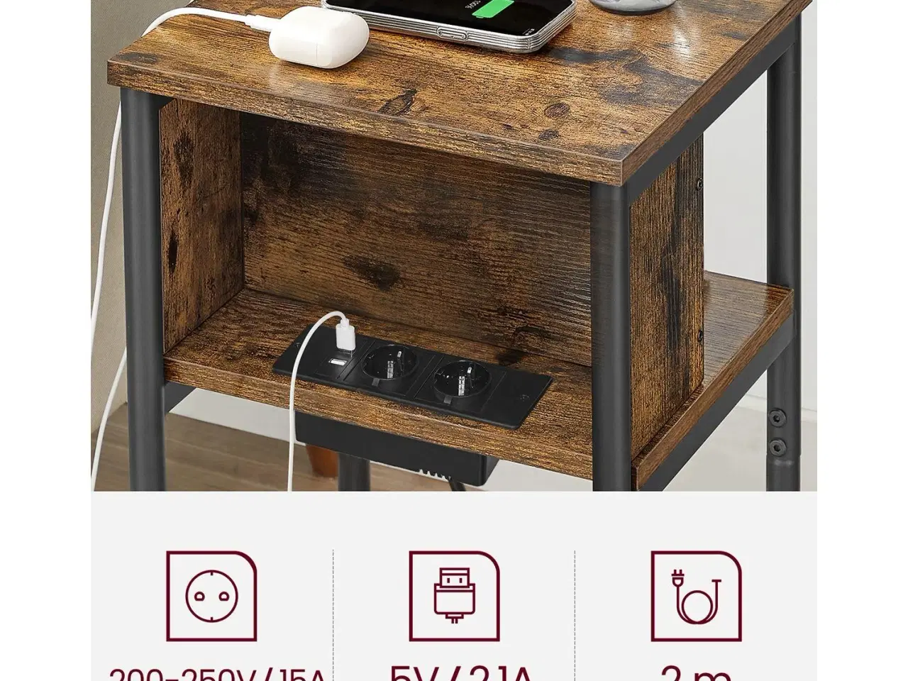 Billede 3 - Sengebord/sidebord med stik smalt, 2 AC + 2 USB, 30 × 34 × 58 cm, vintage brun/sort