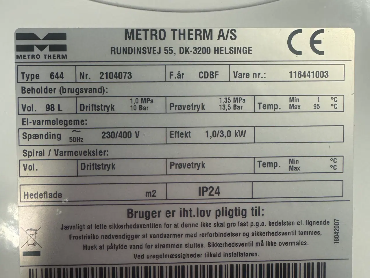 Billede 1 - El vandvarmer MetroTherm 110L