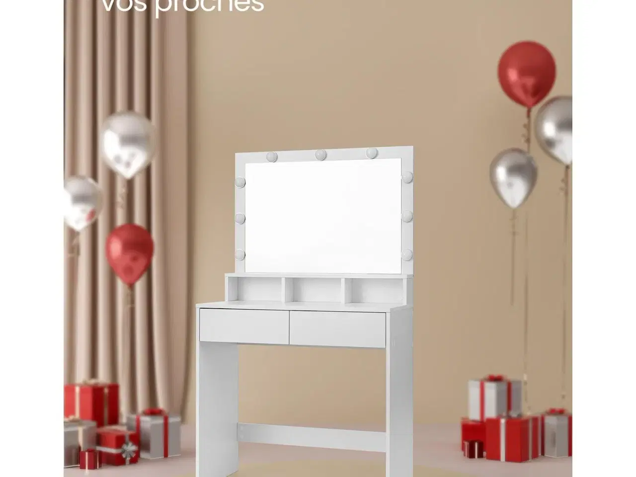 Billede 2 - Toiletbord med spejl og 9 LED – VASAGLE, hvid, 2 skuffer