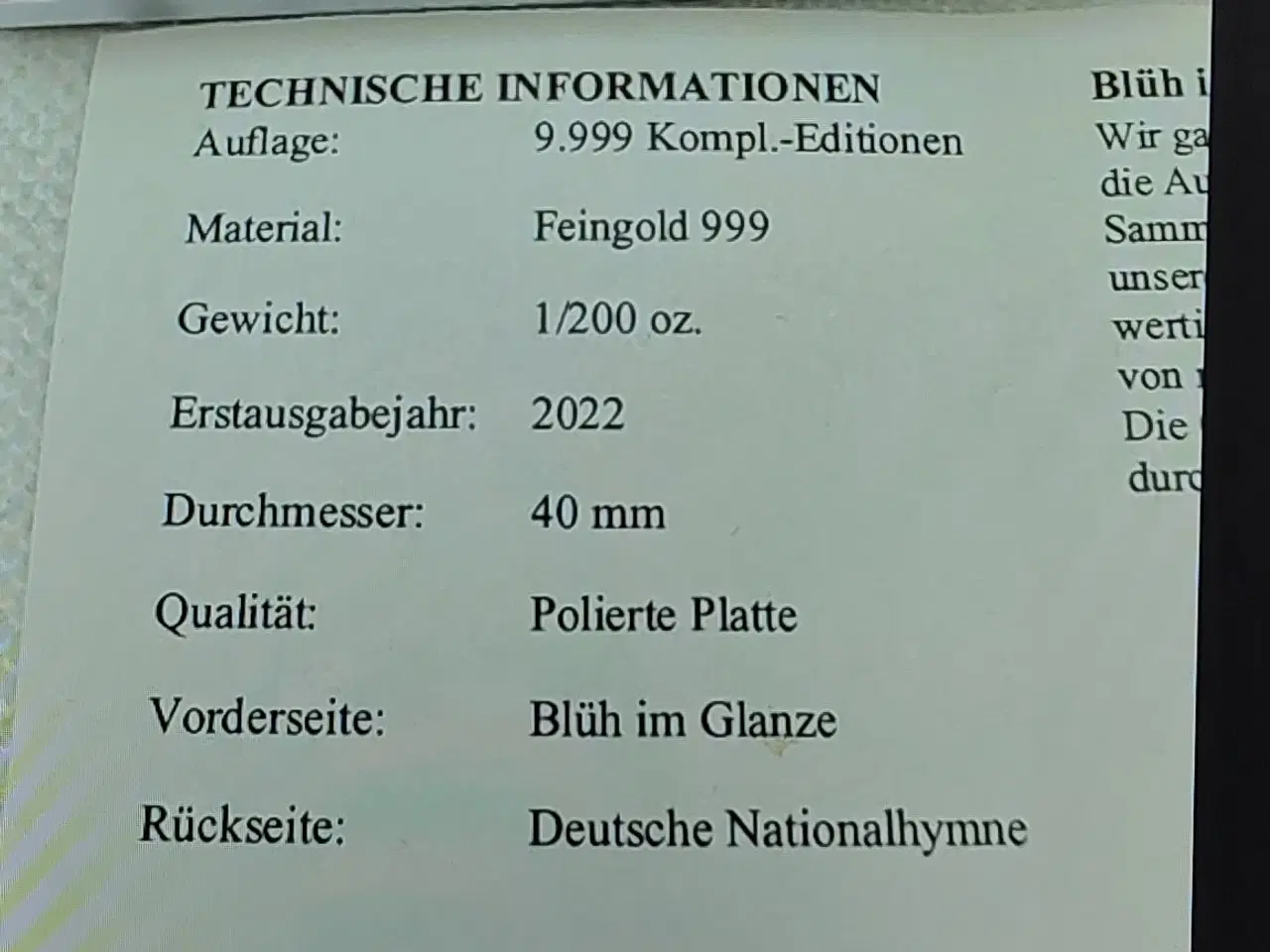 Billede 2 - Guldmønt Deutsche Nationalhymne