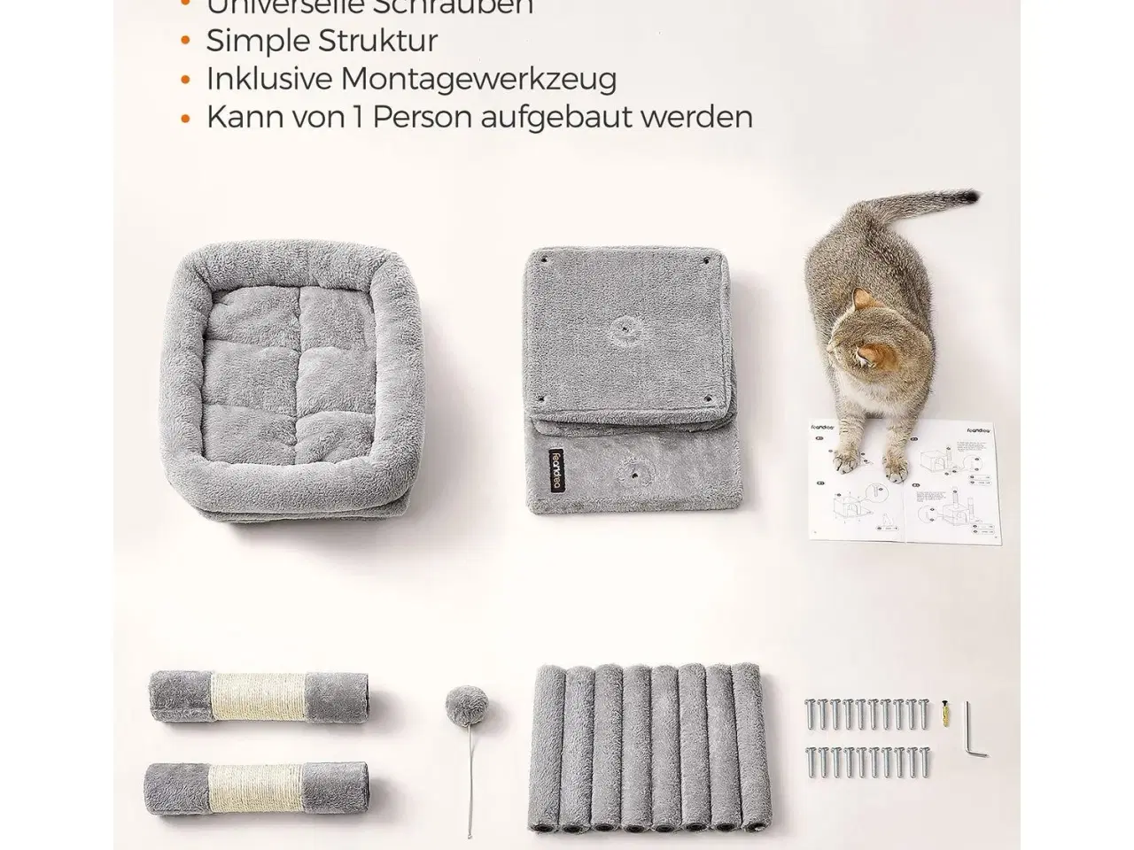 Billede 5 - Kattetræ – FEANDREA, 67 cm kradsetræ med 2 huler, stor liggeplads, til killinger op til 3 kg, lysegrå