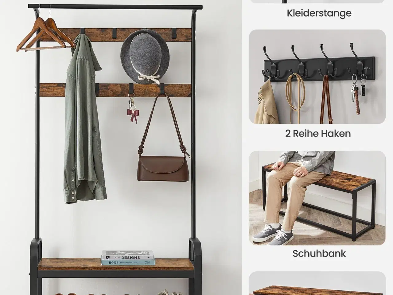 Billede 3 - Tøjstativ med skohylde – 4‑i‑1 entrémøbel, rustik brun/sort, 84 × 33,7 × 183 cm