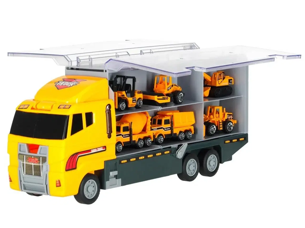 Billede 5 - Legetøjslastbil transporter med affyringsrampe + 6 metal byggemaskiner