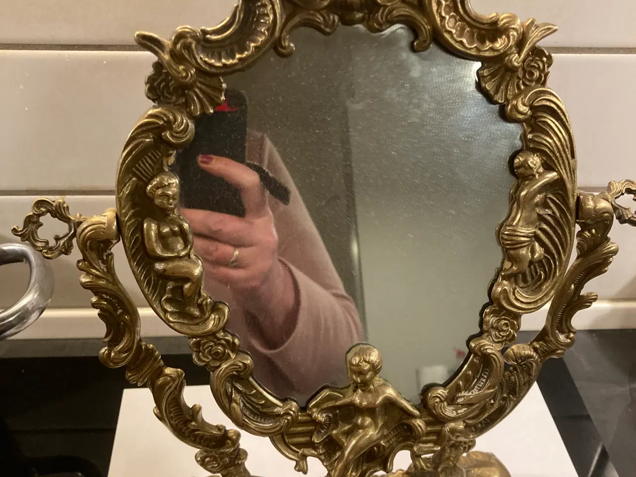 Billede 1 - Smukt antikt fransk drejeligt massingspejl 