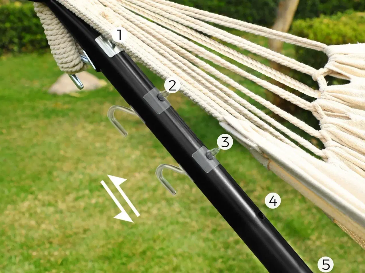 Billede 6 - Hængekøje med stativ – 210 × 150 cm, 5 højder, metalramme, 240 kg – sort stativ og beige hængekøje