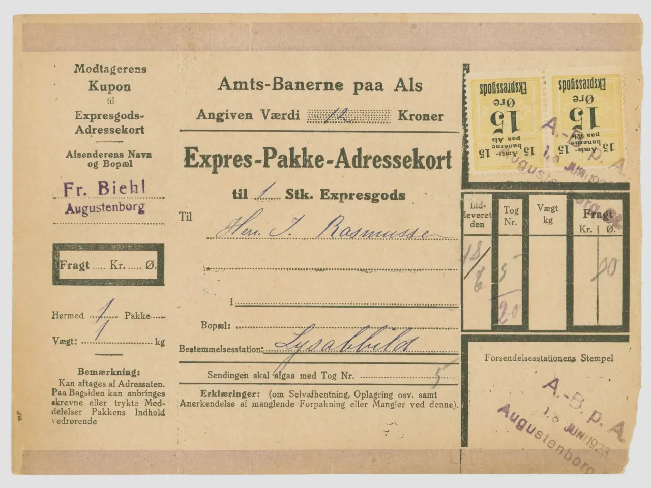 Billede 1 - Amtsbanerne paa Als, Fragtbrev, 1923