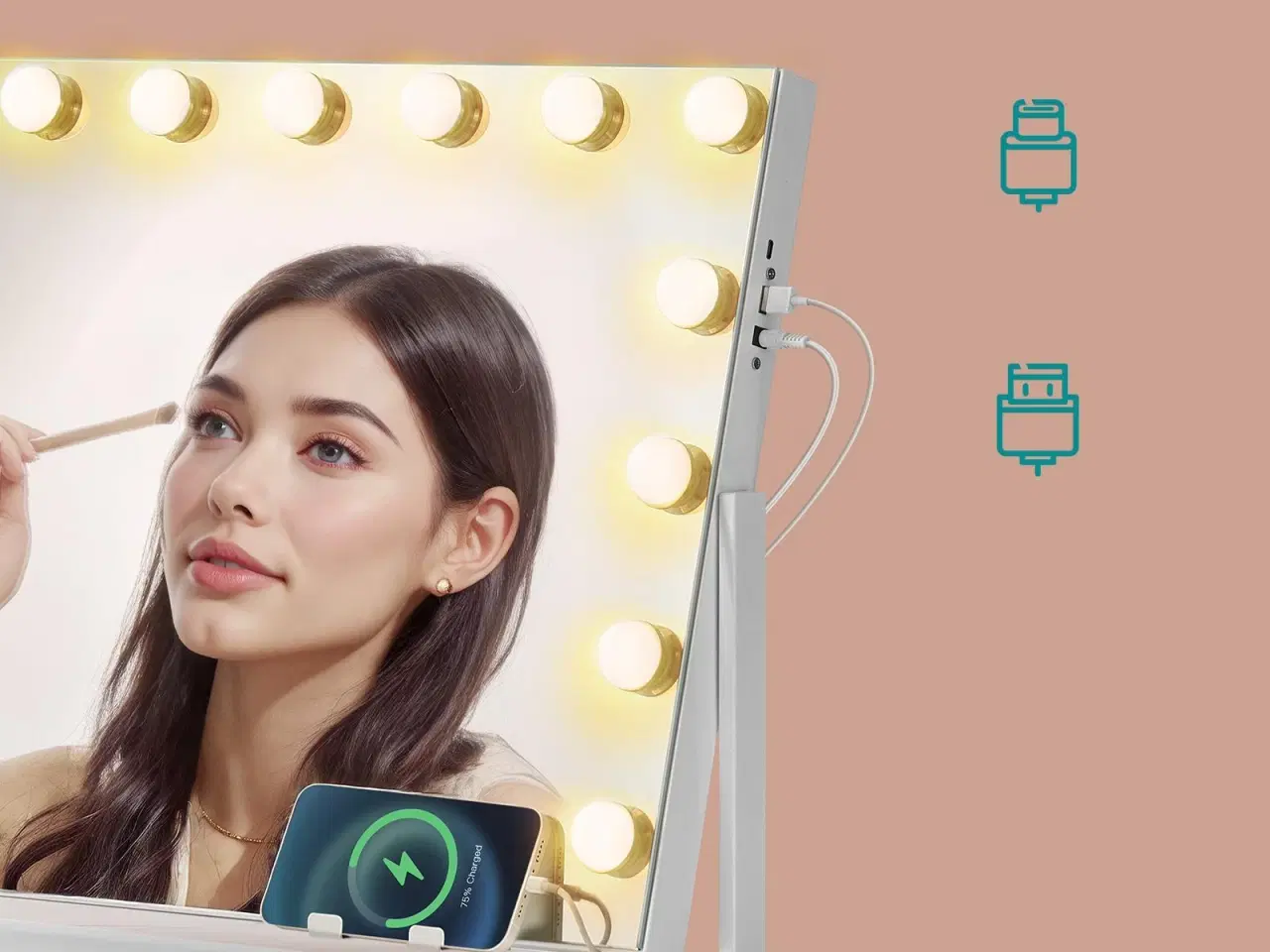 Billede 6 - Makeupspejl med lys 58 × 43 cm – 15 LED, 3 farver, touch, USB-A/USB-C, telefonholder, mat hvid