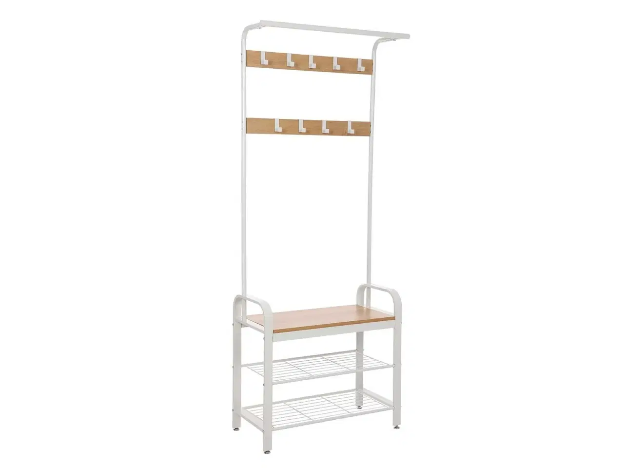 Billede 1 - Tøjstativ med bænk og skohylder 4-i-1, 72 × 33,7 × 183 cm, eg/creme, 9 aftagelige kroge og bøjlestang