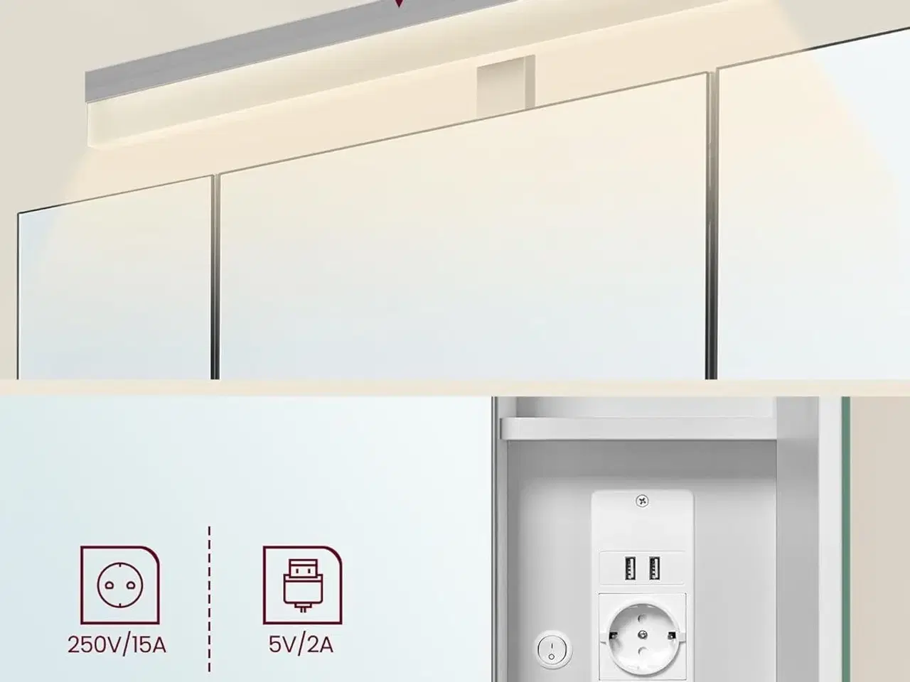 Billede 6 - Spejlskab med 3 låger – vægskab med stikkontakter, USB, hængebakke og føntørrer-holder, 70 × 75 × 16,5 cm – cloud hvid