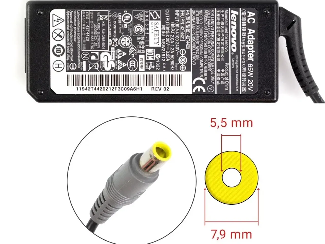 Billede 1 - Lenovo 65W 20V 3.25A strømforsyning med 7.9mm x 5.5mm central pin inside - Original