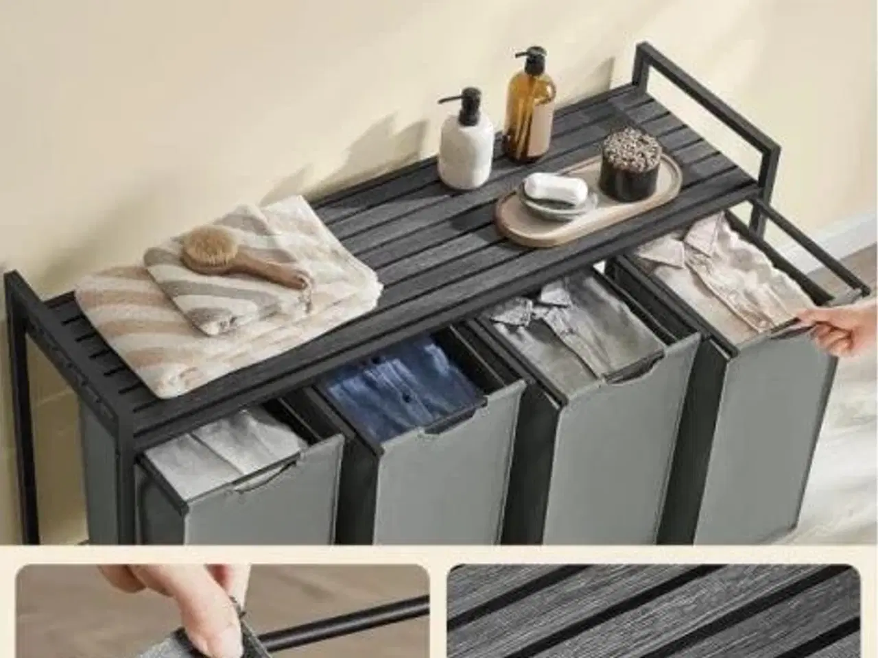 Billede 5 - Vasketøjskurv med 4 rum udtrækkelige poser, hylde, metalstel, 4 × 40 l, 116 × 33 × 72 cm, sort/grå