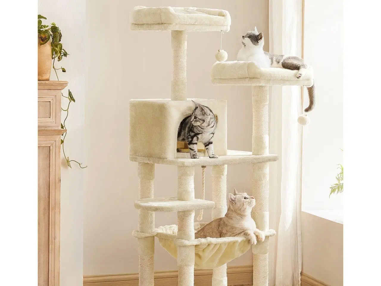 Billede 1 - Kattetårn med kradsetræ – FEANDREA, 2 plyssede udkigspladser, 143 cm, beige