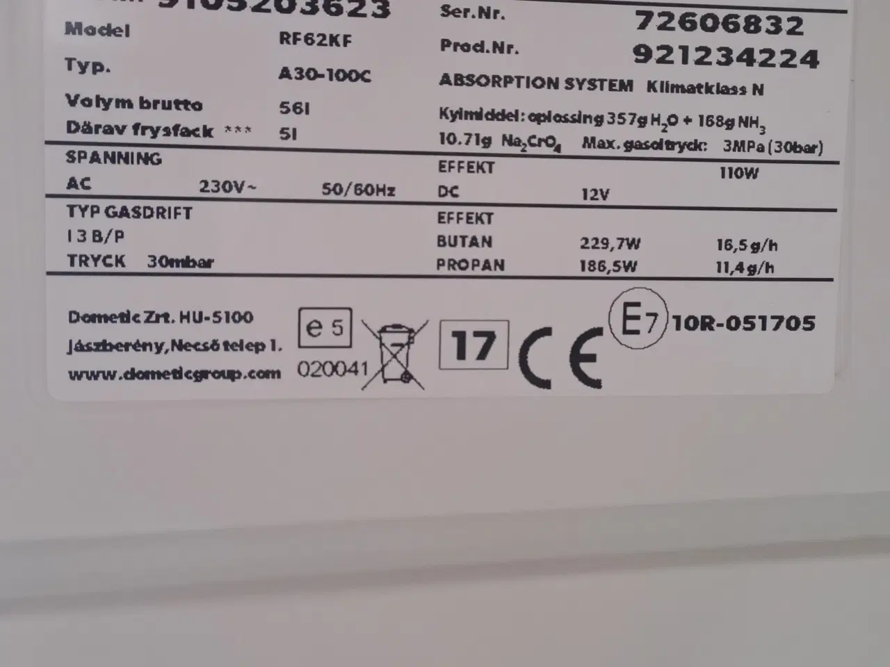 Billede 5 - DOMETIC KØLESKAB GAS 12V 230V