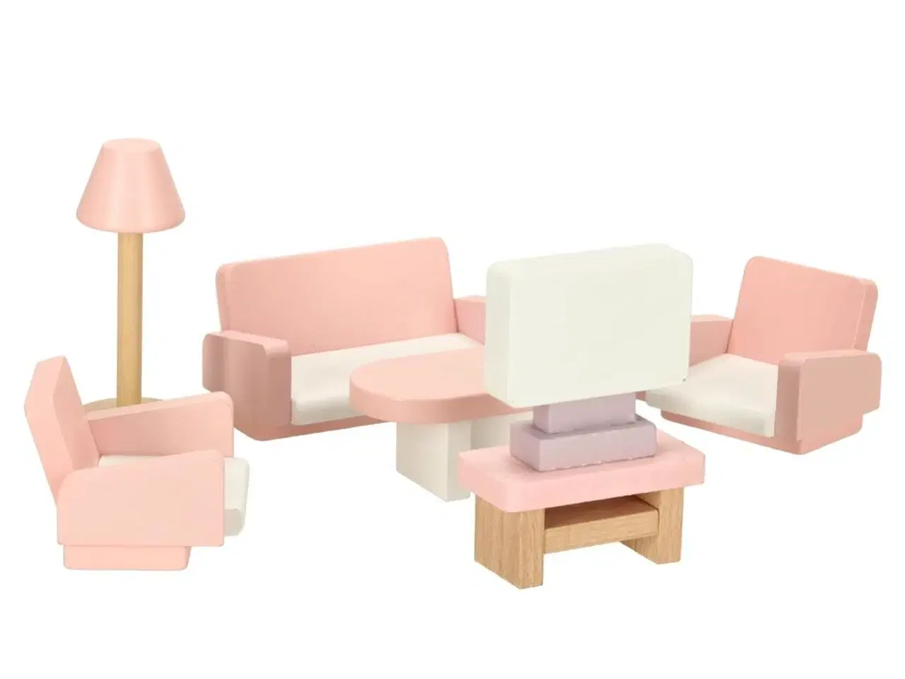 Billede 2 - Dukkehus møbler i træ – stue, soveværelse, badeværelse og køkken, lyserød – 22 dele