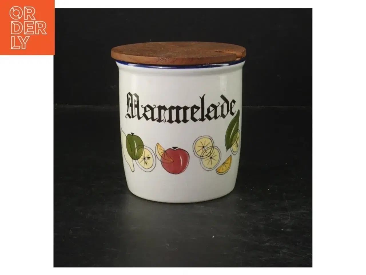 Billede 1 - Keramik marmeladeglas med trælåg fra Knabstrup (str. Ø. 11 cm. længde, 11 cm)