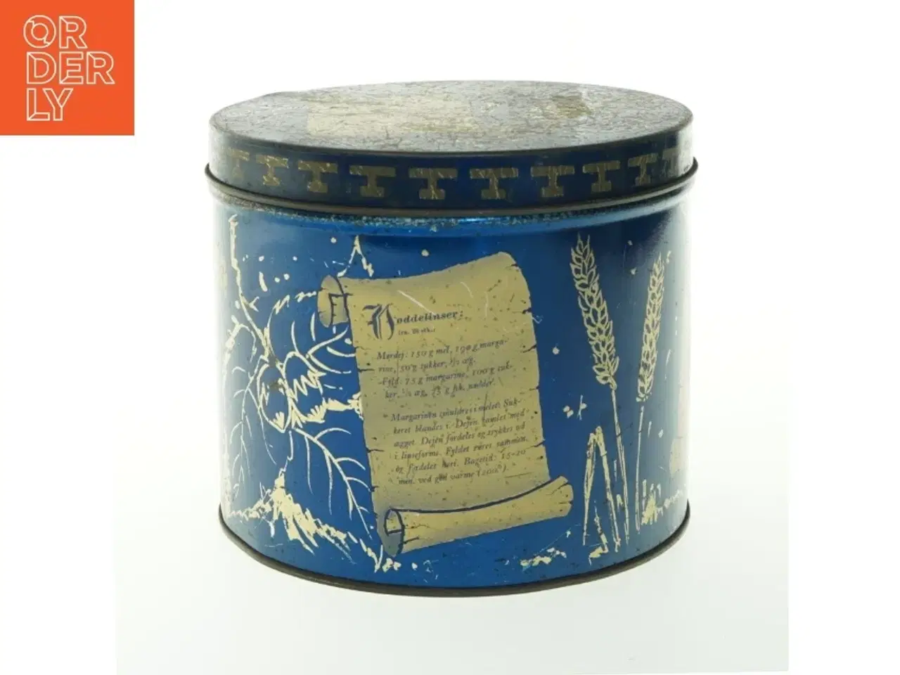 Billede 1 - Vintage blå Småkage metaldåse med opskrifter og låg (str. Ø. 19 cm. h. 16 cm)