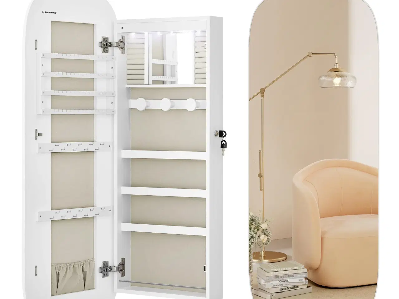 Billede 4 - Smykkespejl med opbevaring væg-/dørmonteret, låsbart, bredt spejl med afrundede hjørner og indvendigt LED-spejl, 10 × 42 × 108 cm, hvid/greige