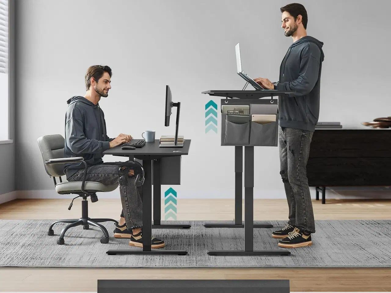 Billede 3 - Elektrisk hæve-sænkebord 60 × 140 cm – 72–120 cm, memory 4 højder, blæk-sort