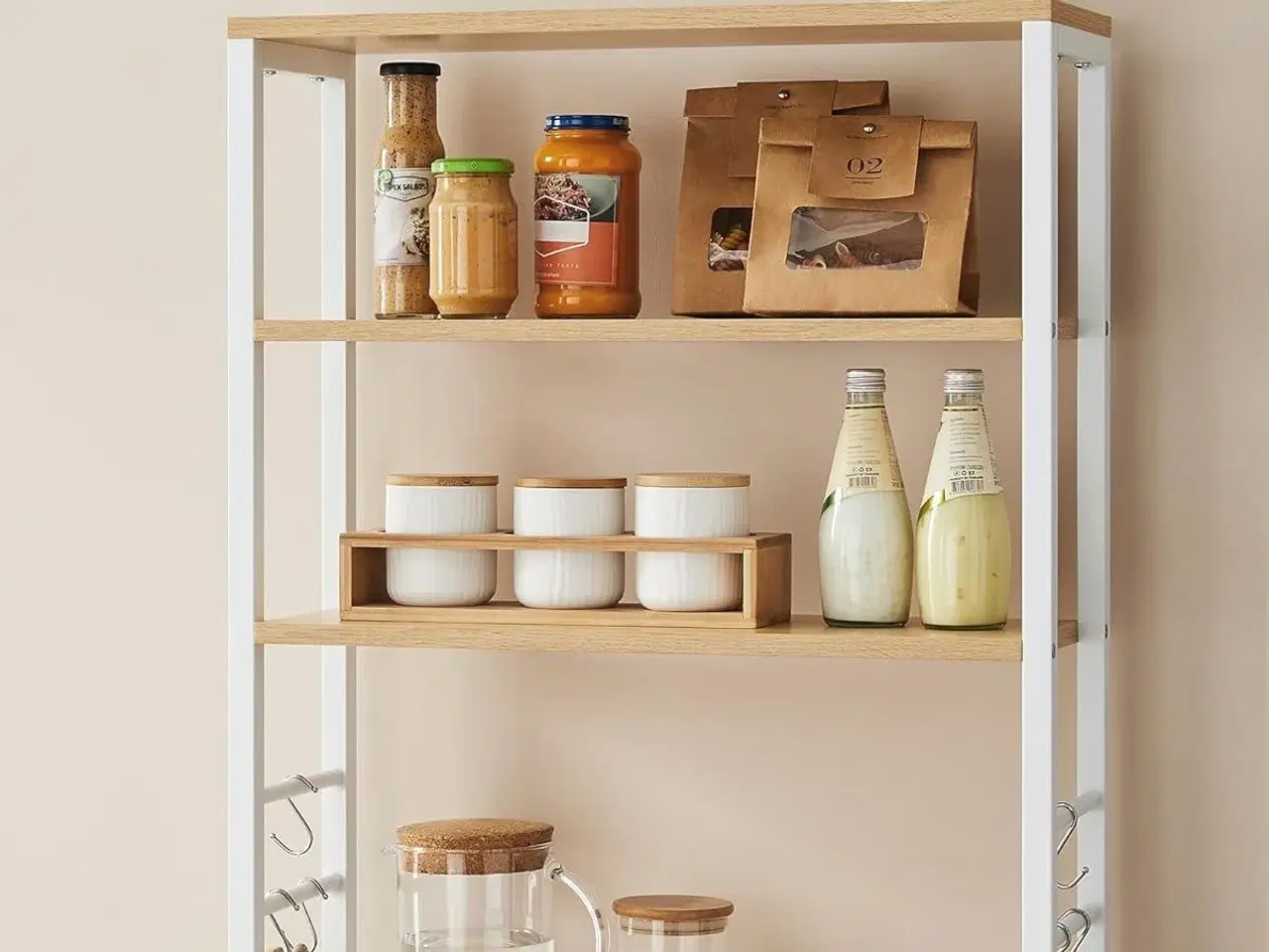 Billede 6 - Køkkenreol med 6 hylder og 6 kroge kaffe- og mikrobølgeovnstation, stålramme, justerbar hylde, 40 × 60 × 167 cm, eg/hvid (KKS024W09)