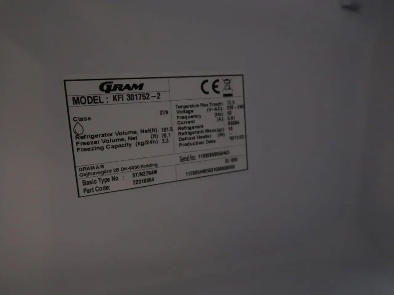 Billede 2 - Køle/fryseskab GRAM KFI 301752-2