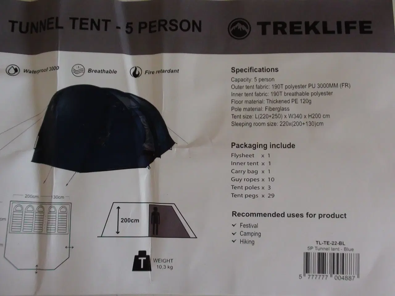 Billede 2 - Tunneltelt 5 pers. Treklife