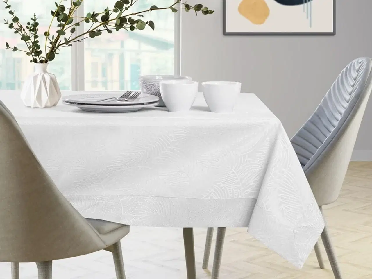 Billede 4 - Dug hvid 140x340 – AmeliaHome Gaia, præget bladmønster