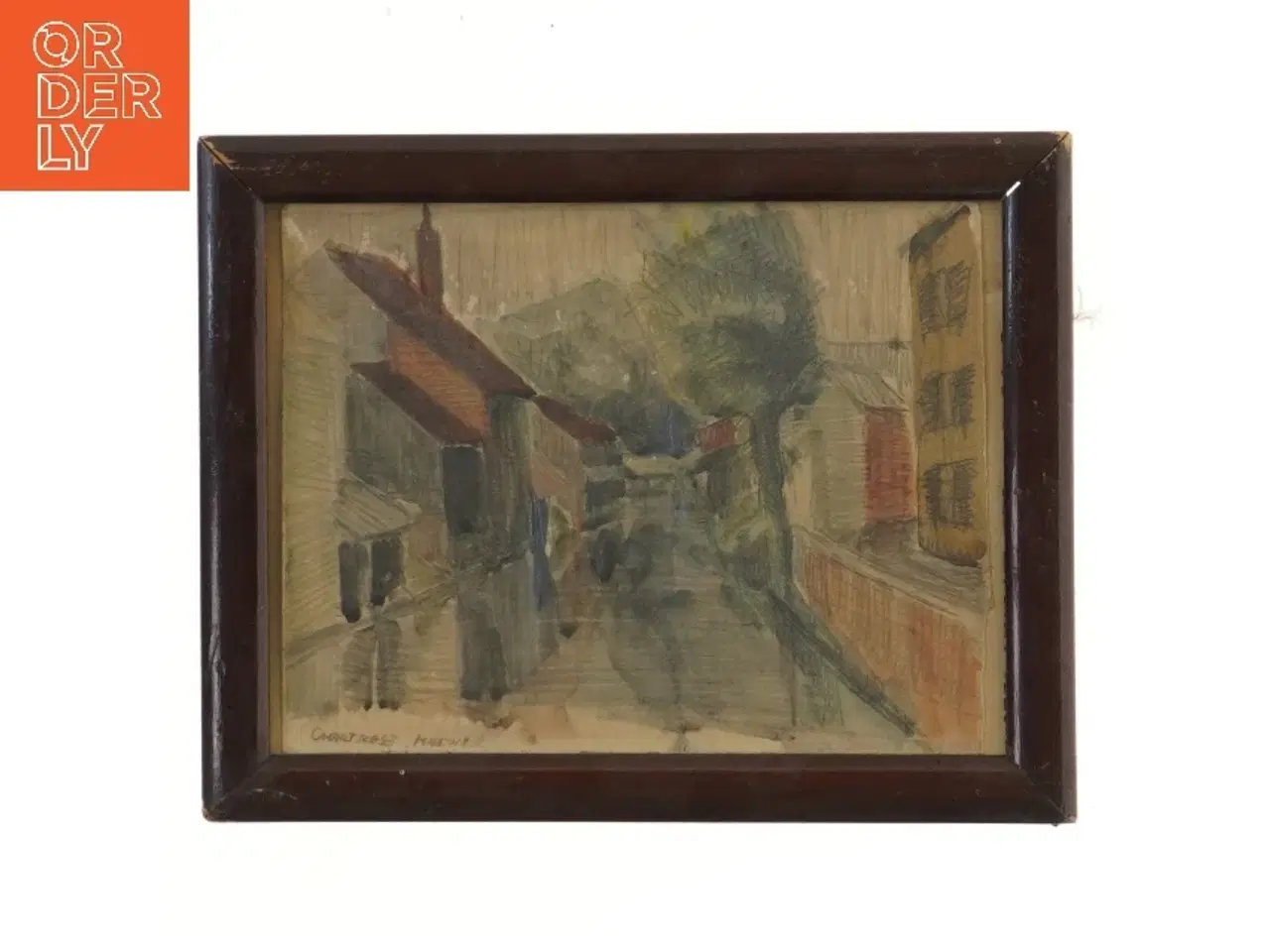 Billede 1 - Indrammet maleri af bylandskab (str. 24,5x19,5 cm)