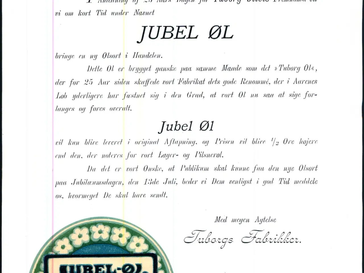 Billede 1 - Tuborg - Jubel-øl Etiket og Brev.