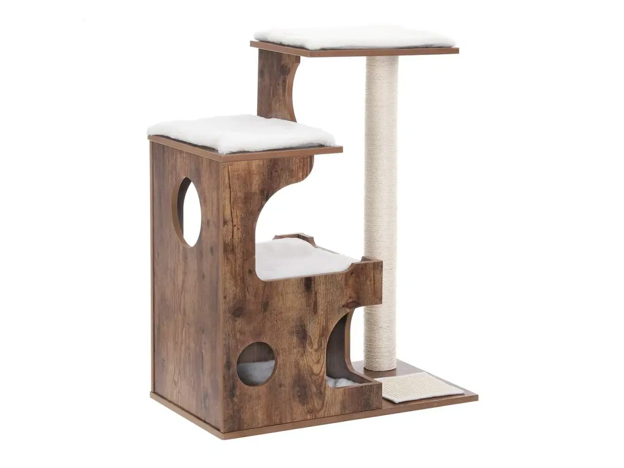 Billede 1 - Kattetræ – FEANDREA 86 cm, mellem kattetårn med 3 liggepladser og hule, MDF med træfiner, sisalstolpe og vaskbart kunstpels – rustik brun/hvid