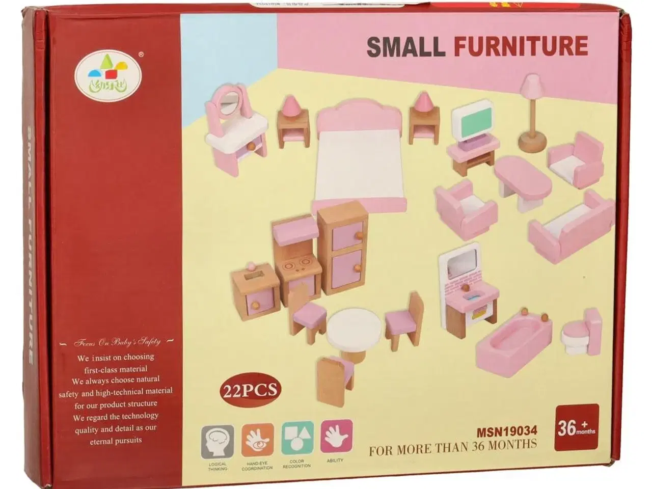 Billede 11 - Dukkehus møbler i træ – stue, soveværelse, badeværelse og køkken, lyserød – 22 dele