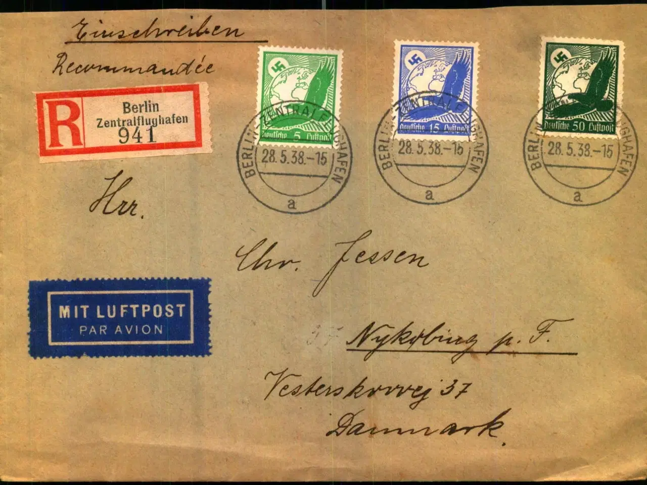 Billede 1 - Luftpost Rekommanderet Brev fra Tyskland - Nykøbing F - 28 - 5 - 38