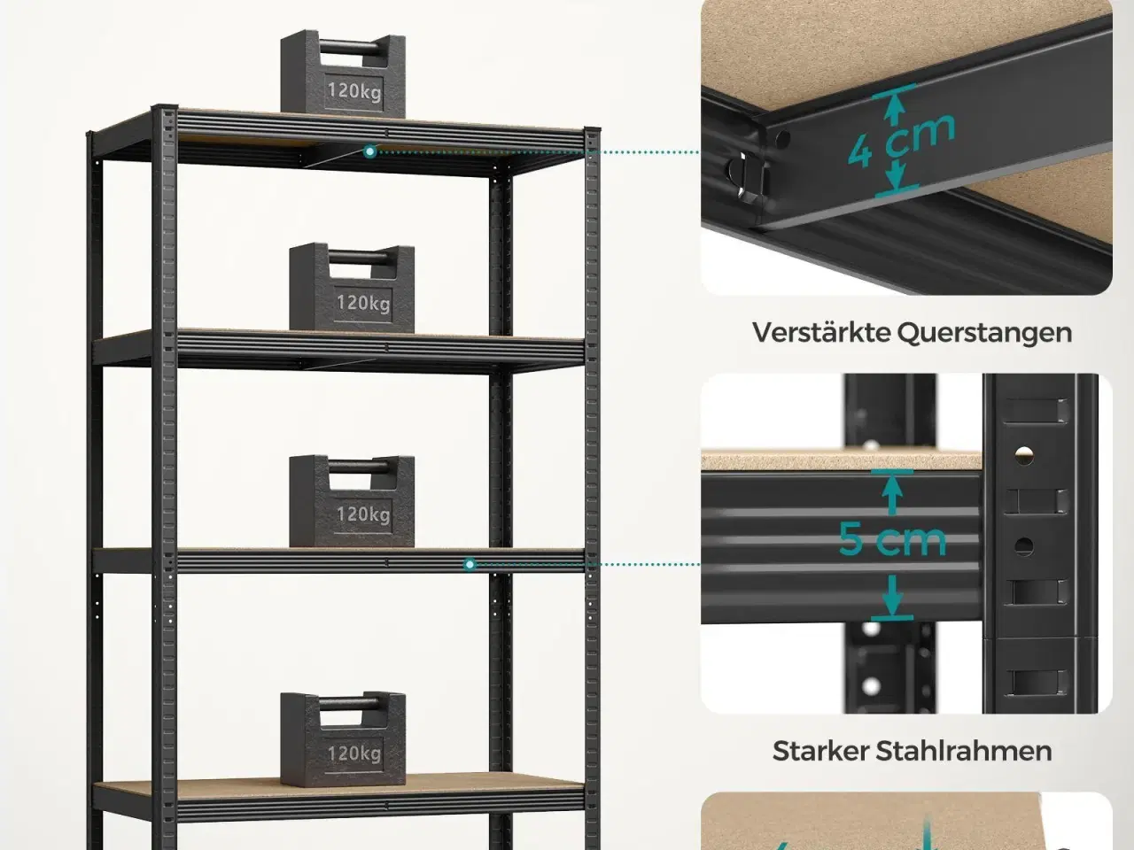 Billede 3 - Reol med 5 hylder stålhylle, 50 × 100 × 200 cm, sort