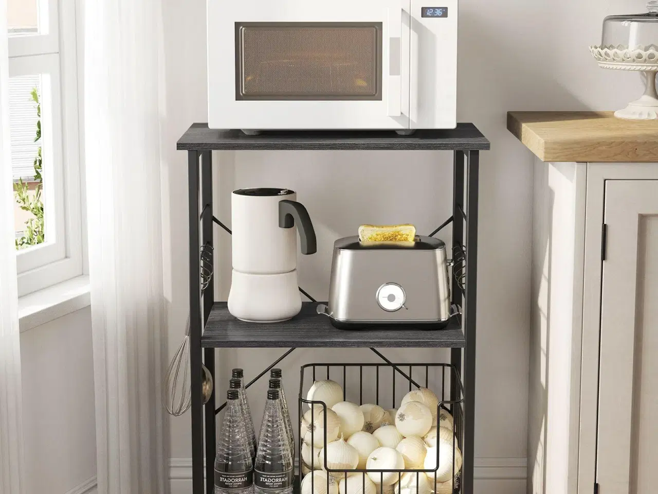 Billede 3 - Køkkenreol på hjul serveringsvogn med 3 hylder, mikrobølgereol, 6 kroge, industrielt look i sort/eboniseret eg (KKS060B42)