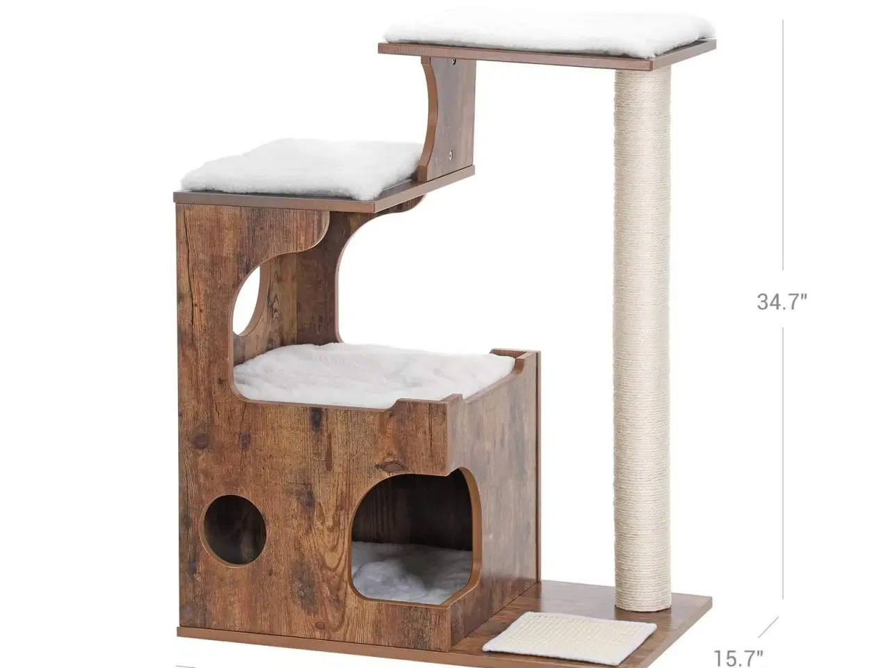 Billede 3 - Kattetræ – FEANDREA 86 cm, mellem kattetårn med 3 liggepladser og hule, MDF med træfiner, sisalstolpe og vaskbart kunstpels – rustik brun/hvid