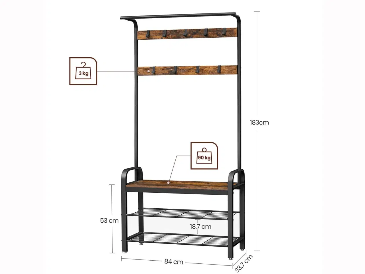 Billede 7 - Tøjstativ med skohylde – 4‑i‑1 entrémøbel, rustik brun/sort, 84 × 33,7 × 183 cm