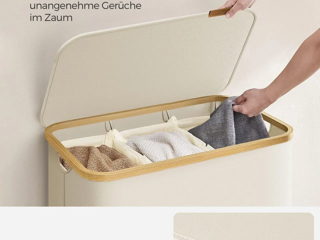 Billede 4 - Vasketøjskurv med låg 3 rum, 150 l, aftagelig mesh-indsats, bambushåndtag, sammenklappelig, cremehvid