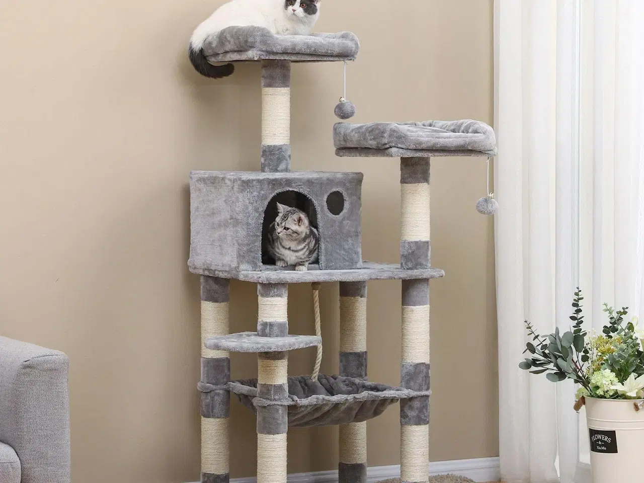 Billede 3 - Klatretræ til kat – FEANDREA kattetræ, 143 cm, lys grå med 2 bløde udsigtsplatforme