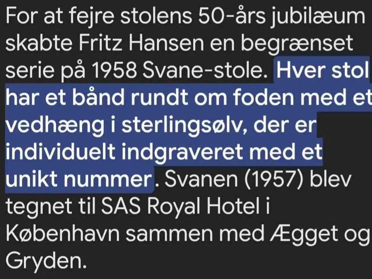 Billede 6 - Svane stol, Arne Jacobsen, Jubilæums model i hvidt