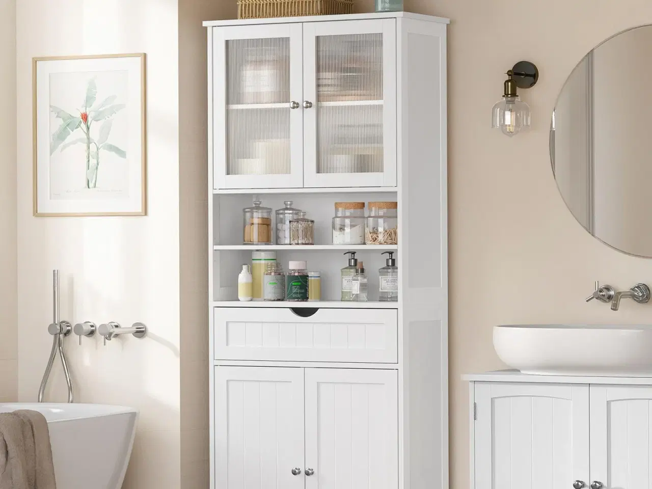 Billede 2 - Højt opbevaringsskab til badeværelse med justerbare hylder, skuffe og åbne rum – cloud hvid