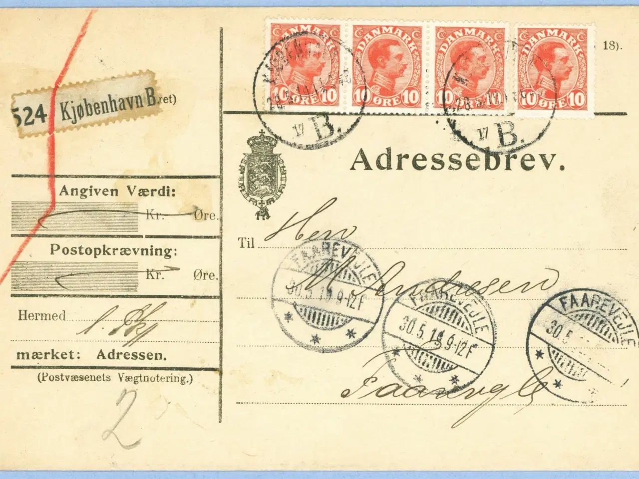 Billede 1 - Adressebrev til Faarevejle, 1919