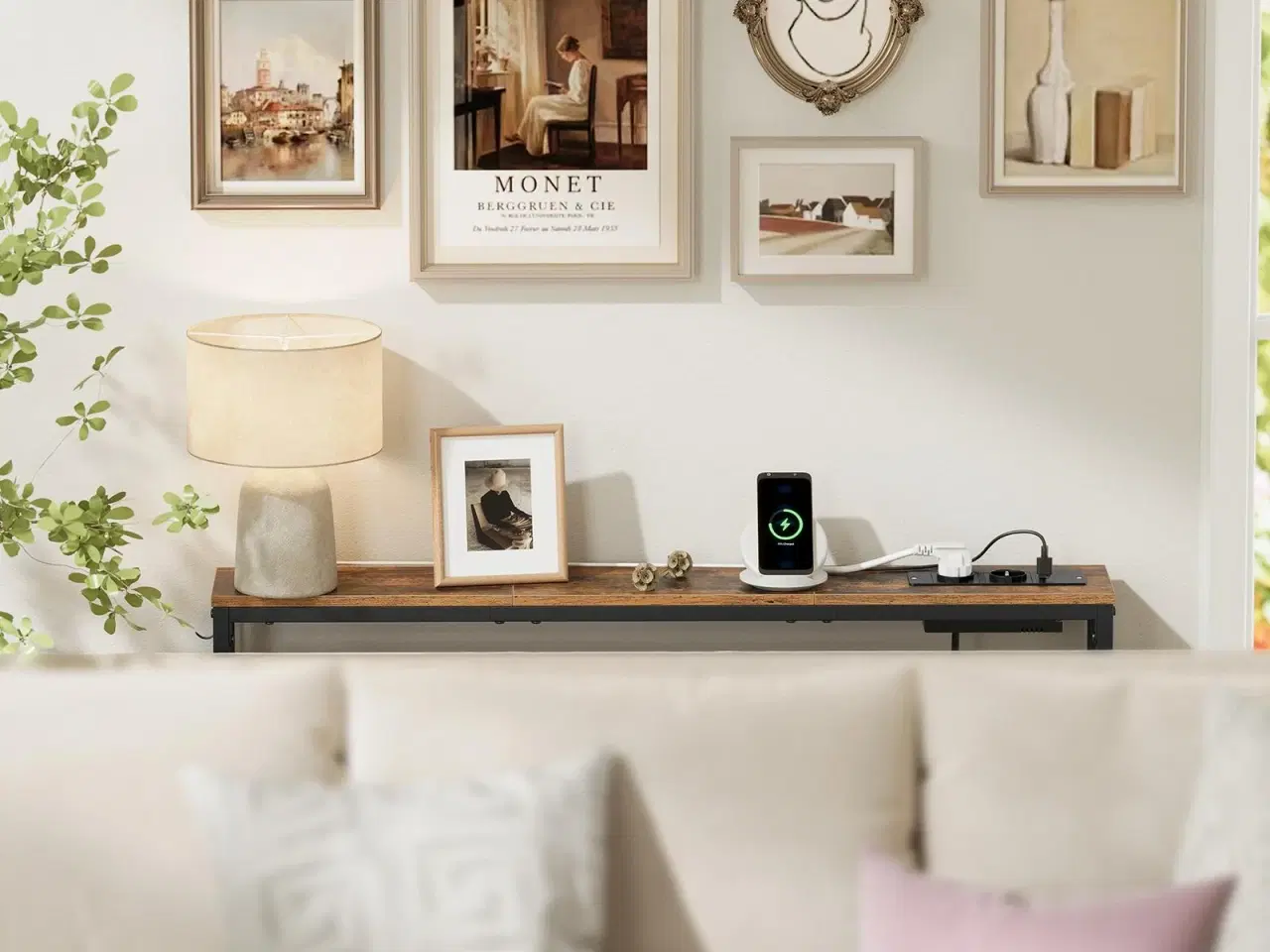 Billede 2 - Slankt konsolbord med opladningsstation – 15 × 100 × 80 cm, vintage brun/sort