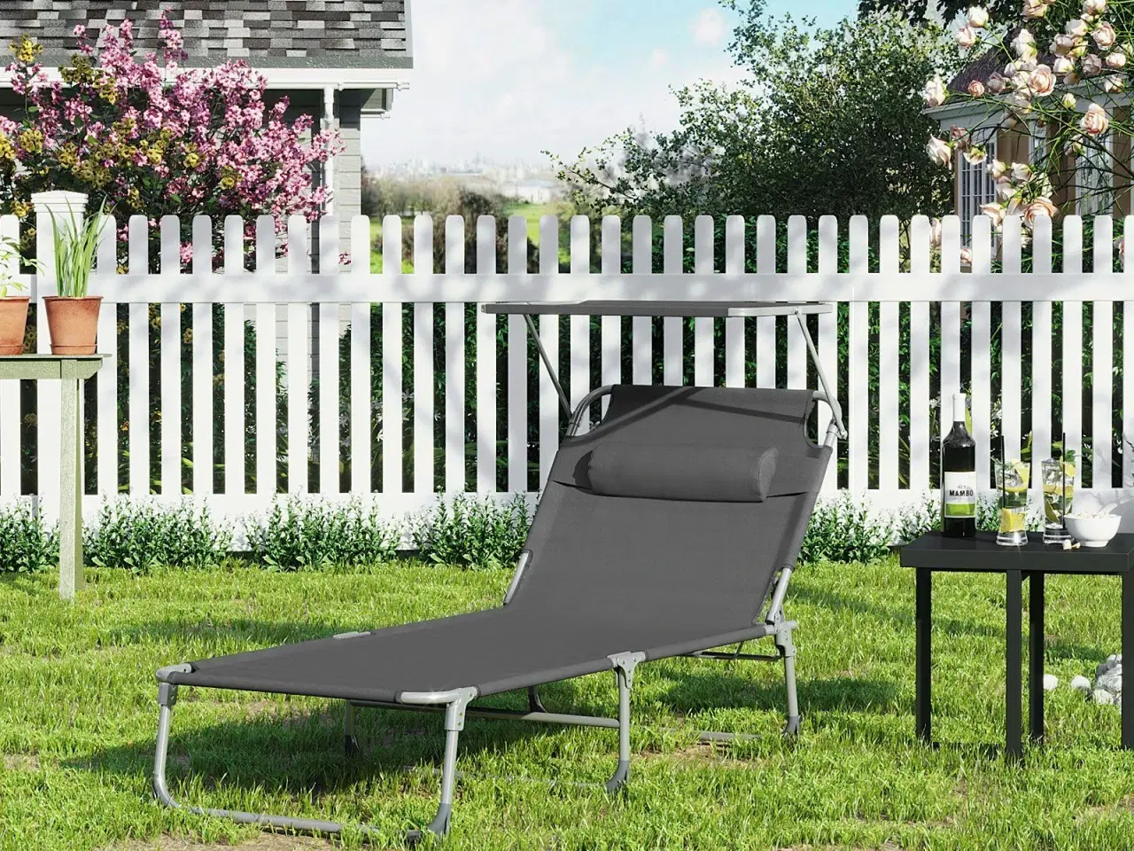 Billede 3 - Solseng med ryglæn og solskærm - foldbar liggestol 71 × 200 × 38 cm, 150 kg, røggrå